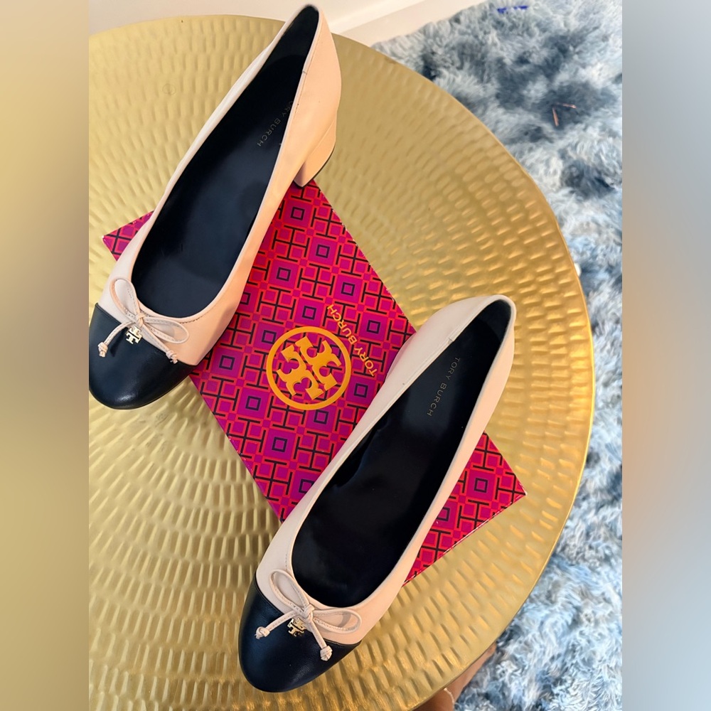 Tory Burch Pink Blush and Black Cap-Toe Ballet Flats